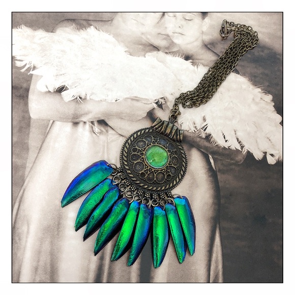 Boutique Jewelry - Artisan Real Beetle Wing Boho Pendant Necklace